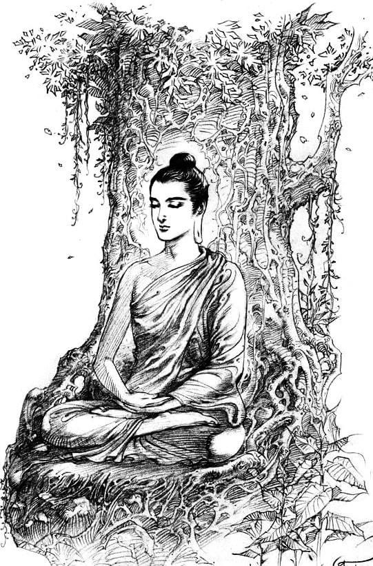 a drawing of a buddha sitting under a tree