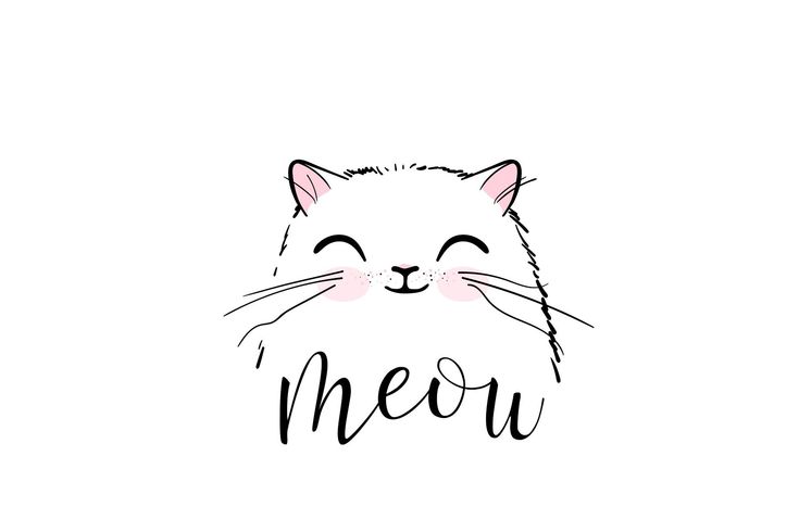 a black and white drawing of a cat with the word meow on it's face