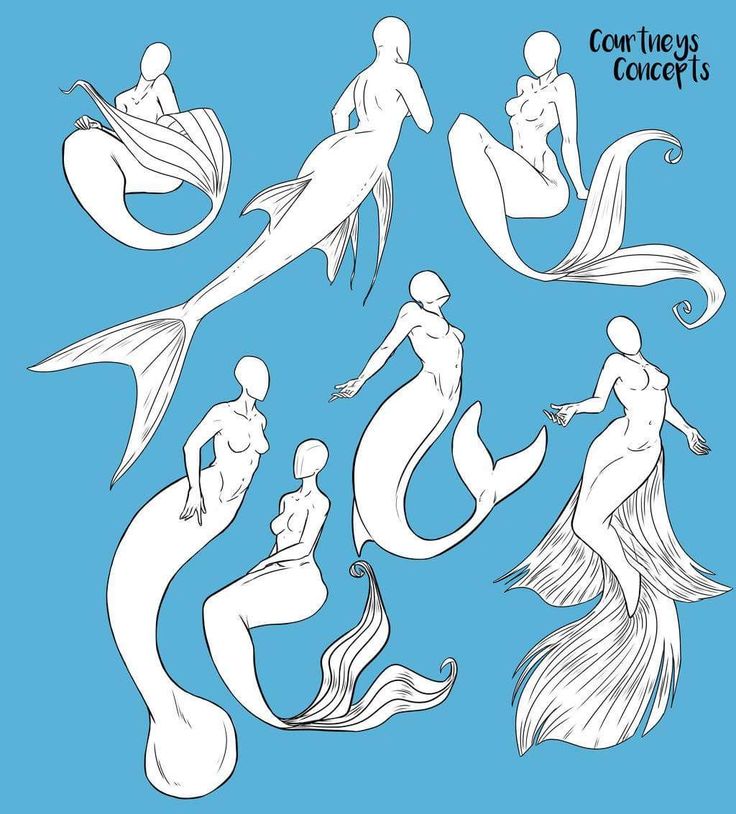 the silhouettes of mermaids are drawn in white ink on a blue background,