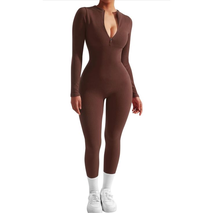 New Long Sleeve Ribbed Jumpsuit Zip Up Front Workout Romper L Brown 90% Nylon, 10% Spandex Hand Wash Only Sexy Long Sleeve Zip Up Jumpsuits: Zipper Front, Deep V, Mock Neck, Long Pants, Double Lined Bra Ribbed Seamless Yoga Jumpsuit: Snatched Bodycon Romper, Tummy Control, Buttery Soft Ribbed Fabric, 4way Stretchy Casual One Piece Fall Catsuit: Lightweight, Not See Through, Suitable For Fall, Winter And Spring Occasion: This Sexy Jumpsuits Is Perfect For Casual, Daily, Date, Home, Club, Party, N Home Club Party, Workout Romper, Casual One Piece, Glitter Romper, Bodycon Romper, Ribbed Jumpsuit, Yoga Jumpsuit, Strap Pants, Pink Bodycon Dresses