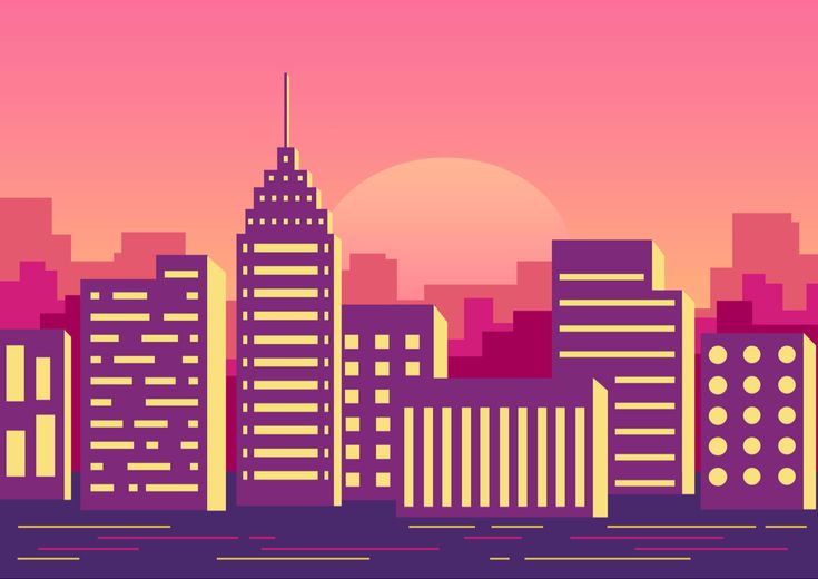 a city skyline with tall buildings and the sun in the sky at sunset or dawn