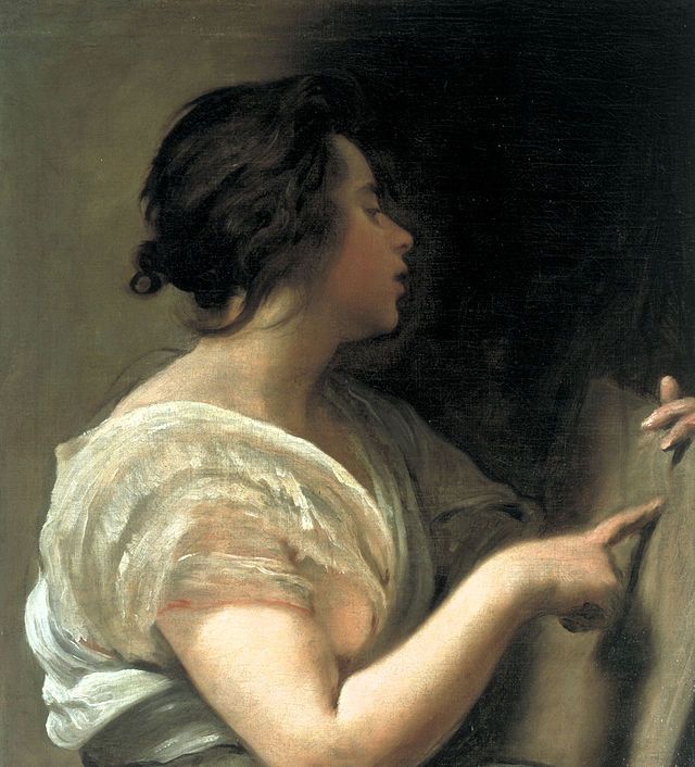 a painting of a woman holding something in her hand