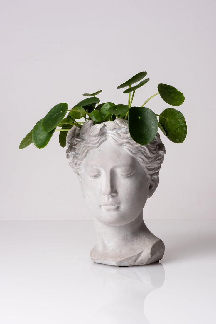 a white statue with green leaves in it's head