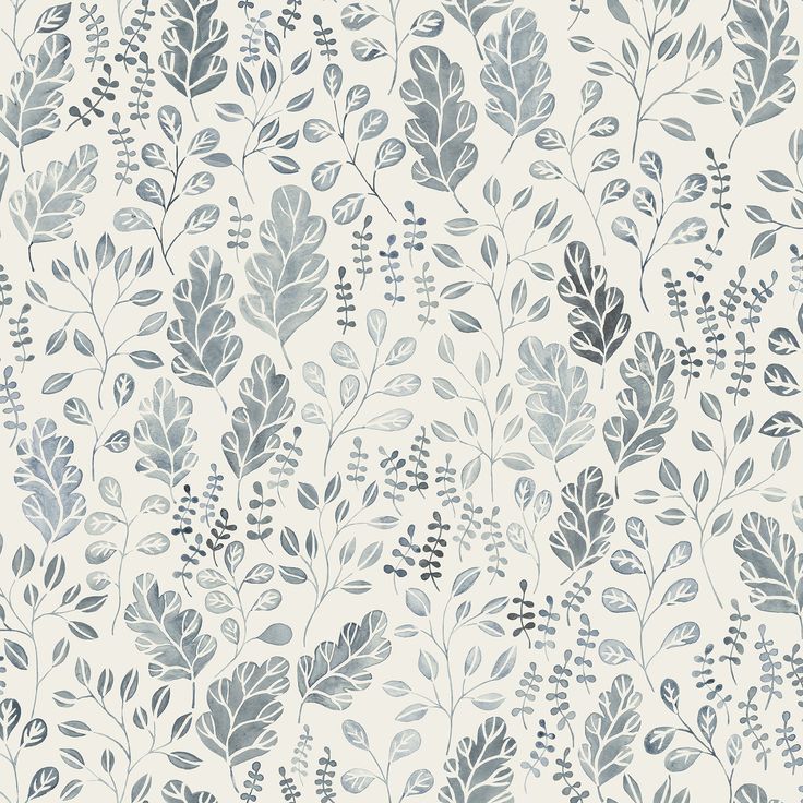 a blue and white wallpaper with leaves on it