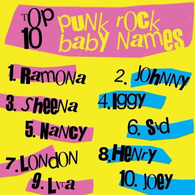 the top 10 punk rock baby names in pink, blue and black on a yellow background