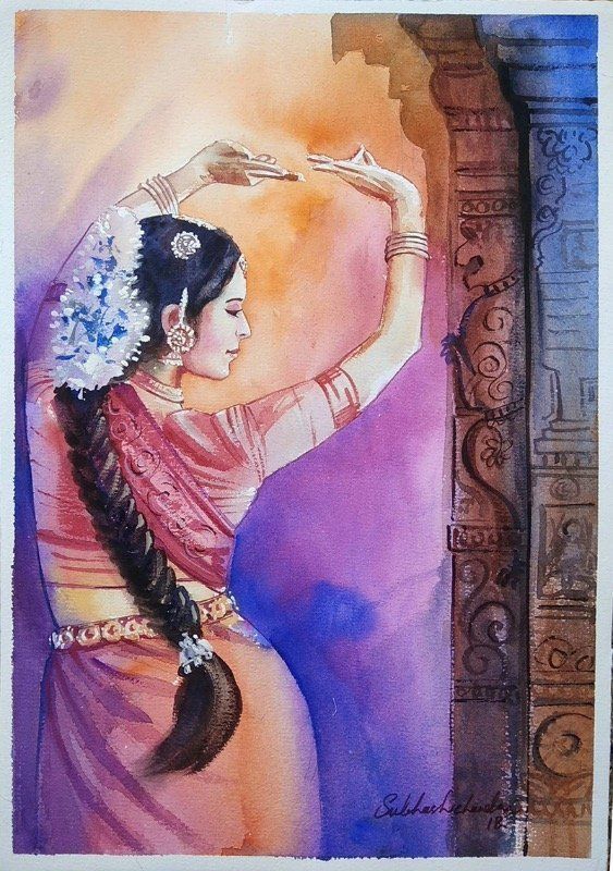 a watercolor painting of a woman in sari holding her hand up to her head