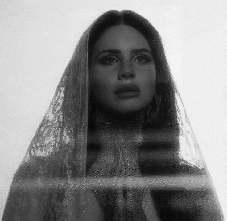 a black and white photo of a woman with long hair wearing a veil over her head