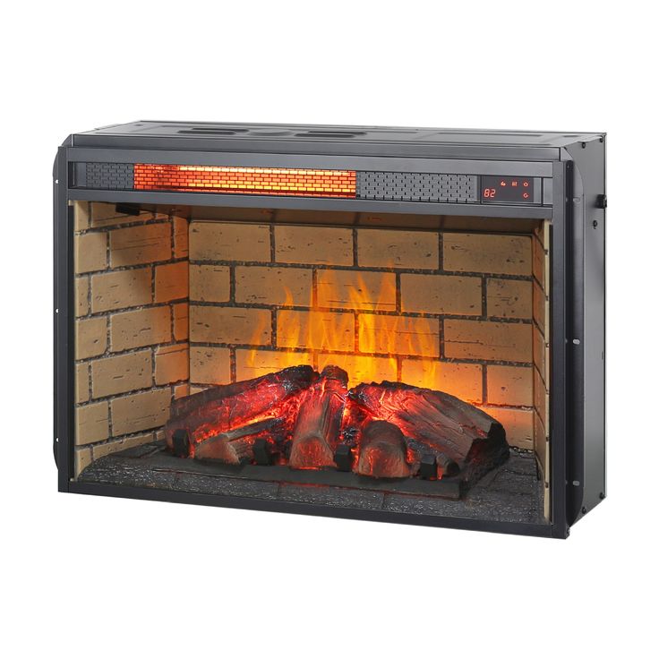 an electric fireplace heater with logs and flames on the front, shown in black