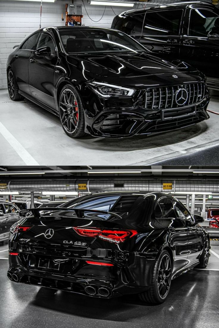 two pictures of cars parked in a parking garage, one is black and the other is red