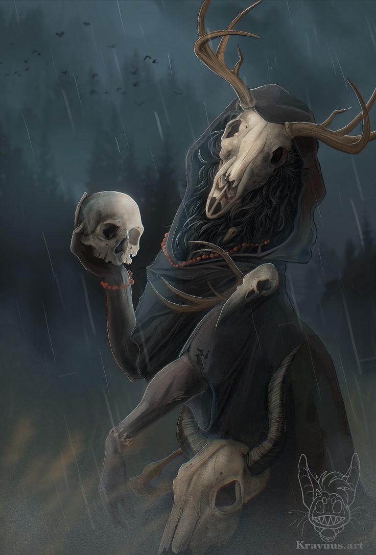 a painting of a man holding a skull in the rain with horns on his head