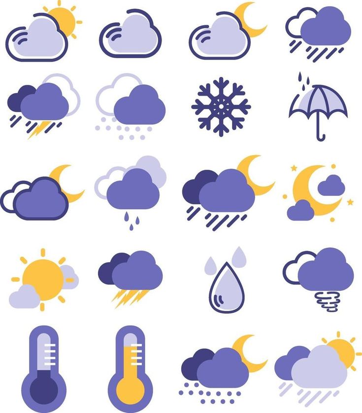 the weather icon set is shown in blue, yellow and gray colors on a white background