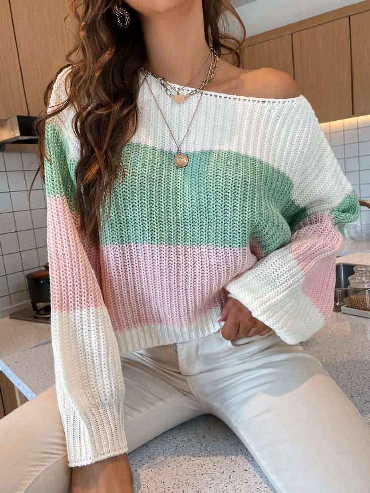 Multicolor Casual  Long Sleeve Polyester Striped Pullovers  Medium Stretch Spring/Fall Women Knitwear Drop Shoulder Sweater, Shein Outfits, Drop Shoulder Sweaters, Women Sweaters, Shoulder Sweater, Knitwear Women, Spring And Fall, Drop Shoulder, Knitwear