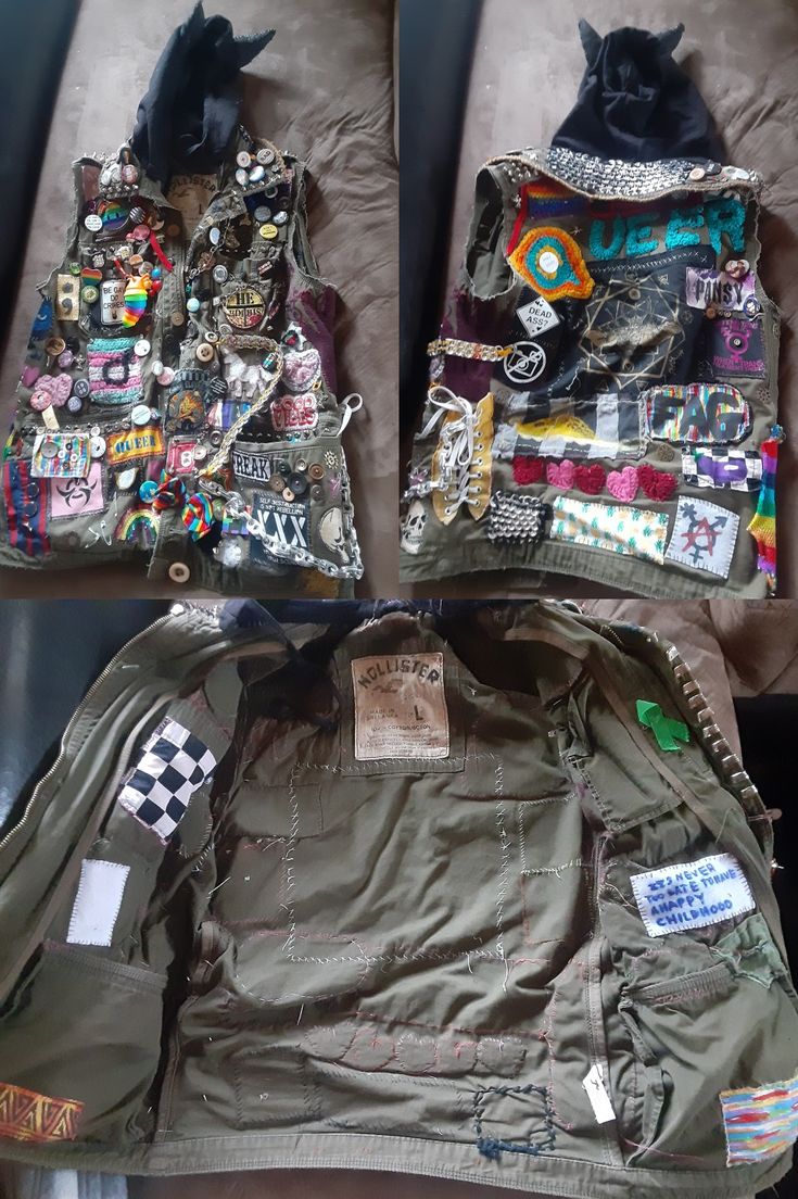 A dark green vest covered in colorful queer and rebellious patches and pins, as well as bits and baubles including old necklaces, can tab chains, charms, keys, buttons, safety pins and fidget toys Crust Vest Ideas, Punk Vest Ideas, Punk Vest Diy, Battle Vest Punk, Battle Vest Outfit, Crust Vest, Battle Vest Ideas, Alt Jacket, Punk Battle Jacket