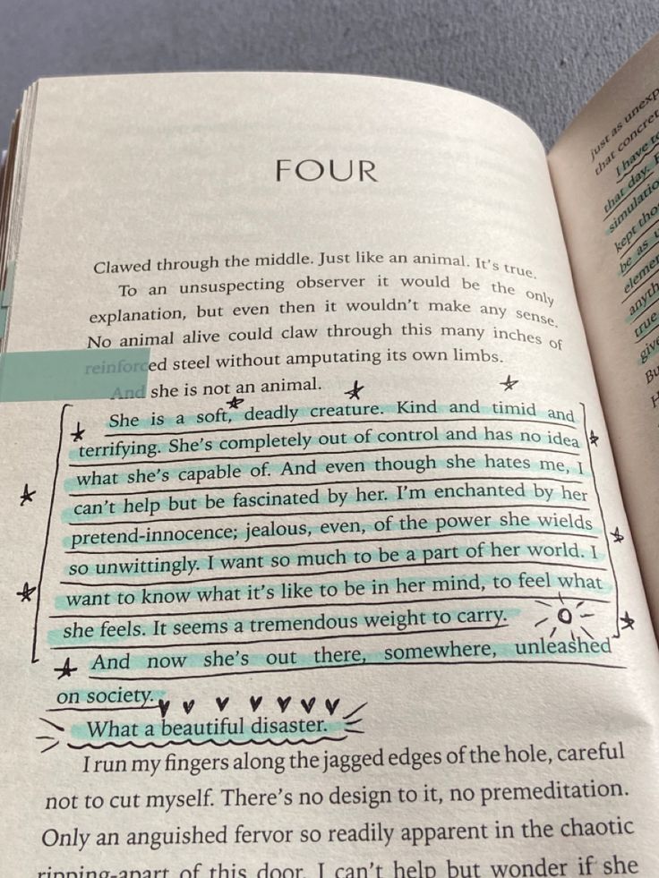 an open book with some writing on it's page and the words four written in green