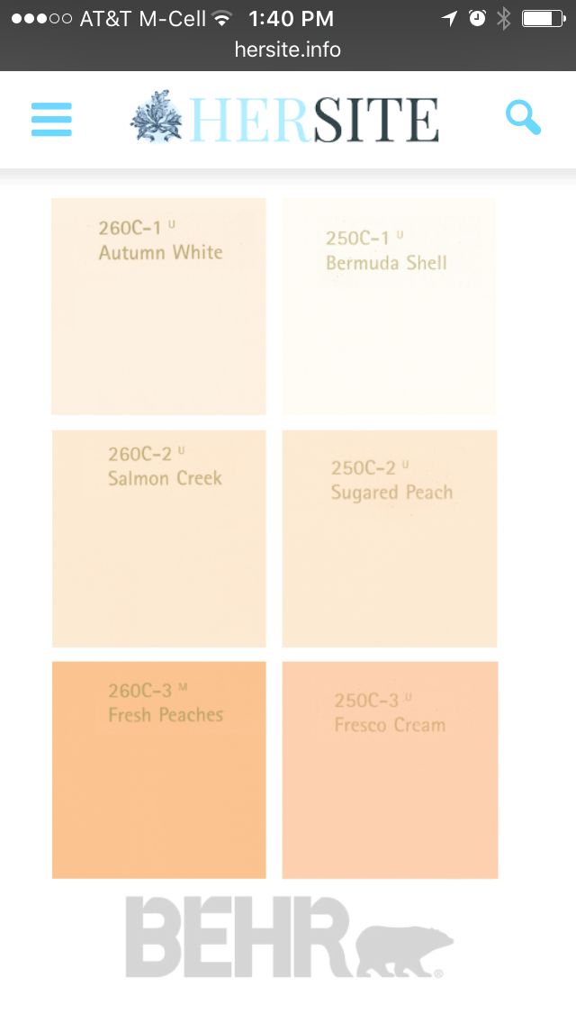 four different shades of paint with the words behr written on them in white and orange