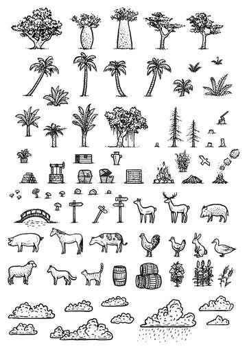 various farm animals and trees drawn in black ink on white paper royalty - art illustration