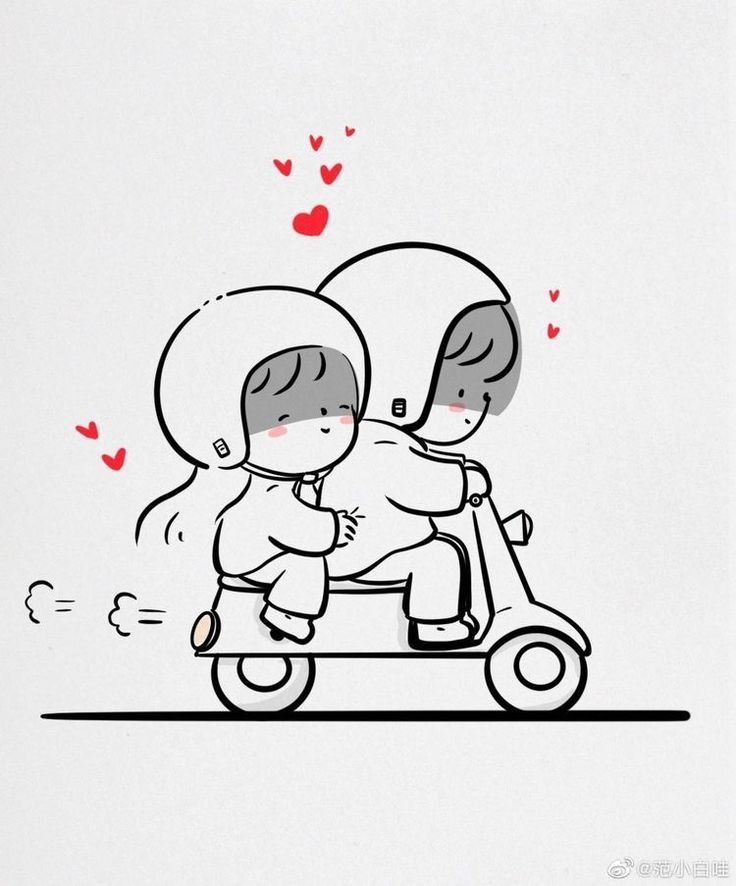 two people riding on a scooter with hearts flying above them and one person kissing the other