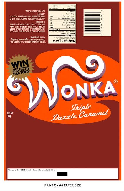 the back side of an orange and white bag with words on it that say wonka