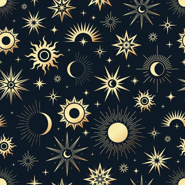 the sun, moon and stars pattern is shown in gold on a black background with white stars