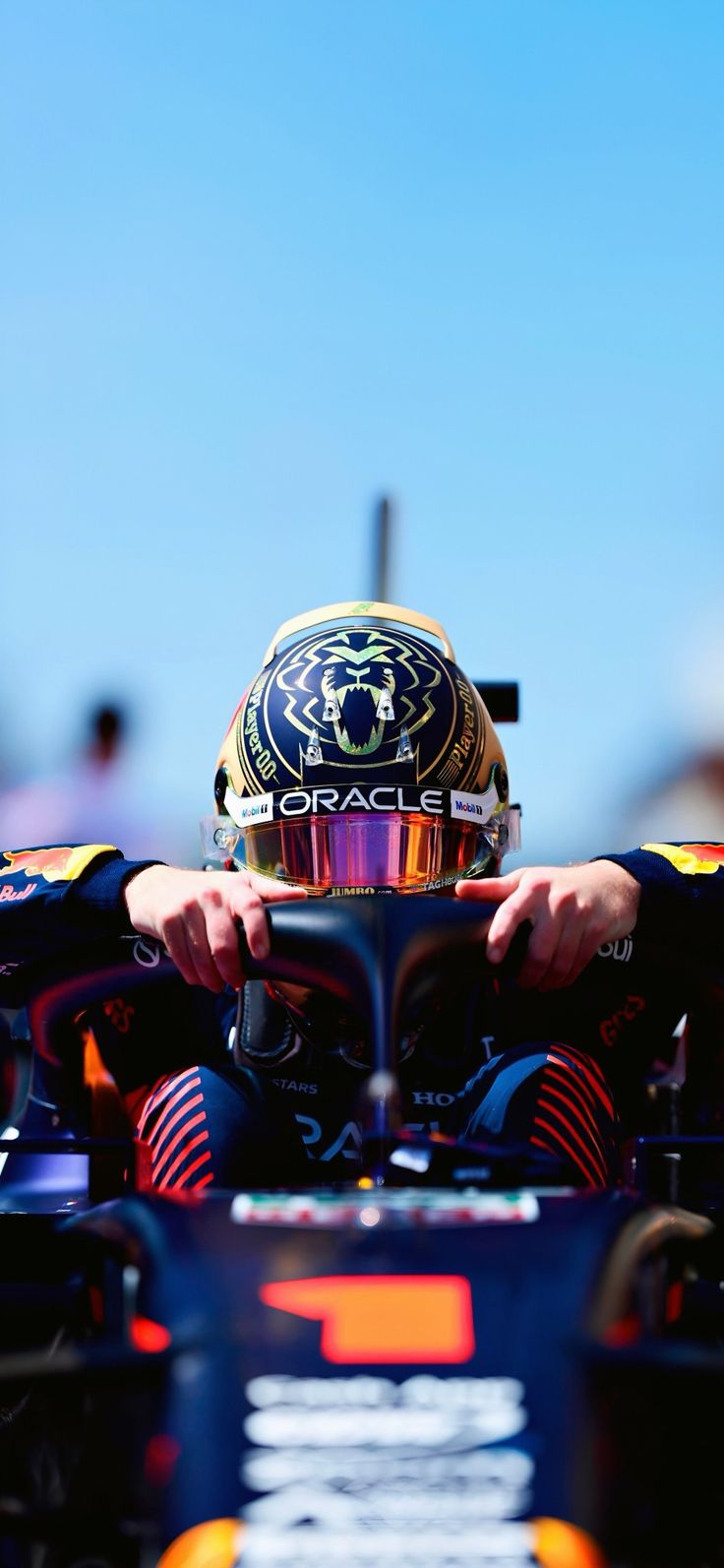 a man sitting in the back of a blue race car