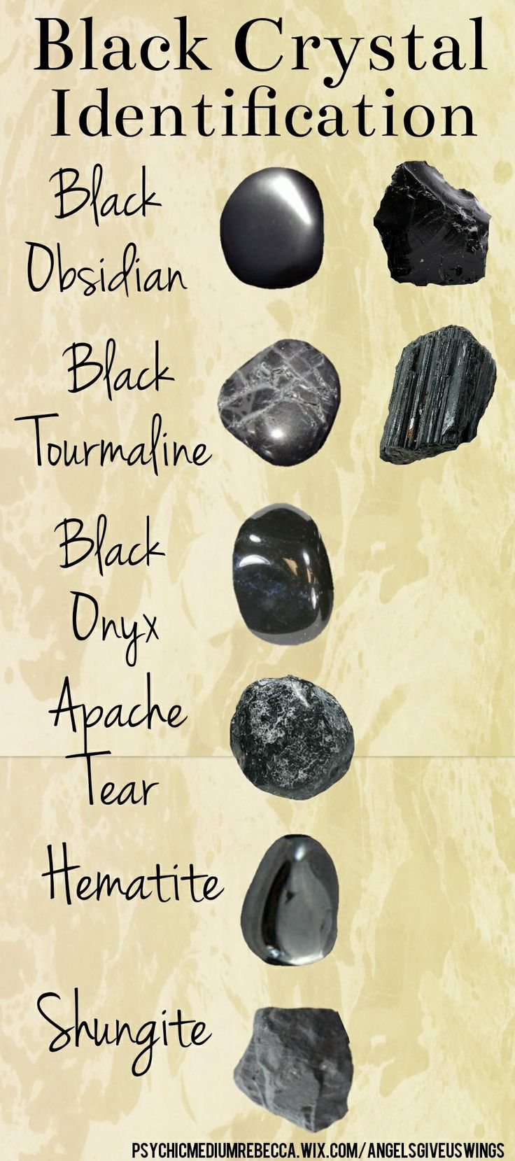 Chart for identifying black crystals Types Of Rocks, Crystal Identification, Crystal Therapy, Crystal Healing Stones, Crystal Magic, Les Chakras, Mineral Stone, Minerals And Gemstones, Rocks And Gems