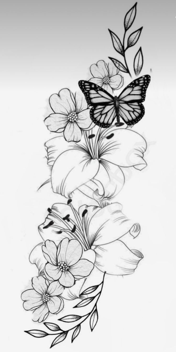 a black and white drawing of flowers with a butterfly