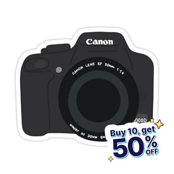 a camera sticker with the words buy 10 get 50 % off on all items