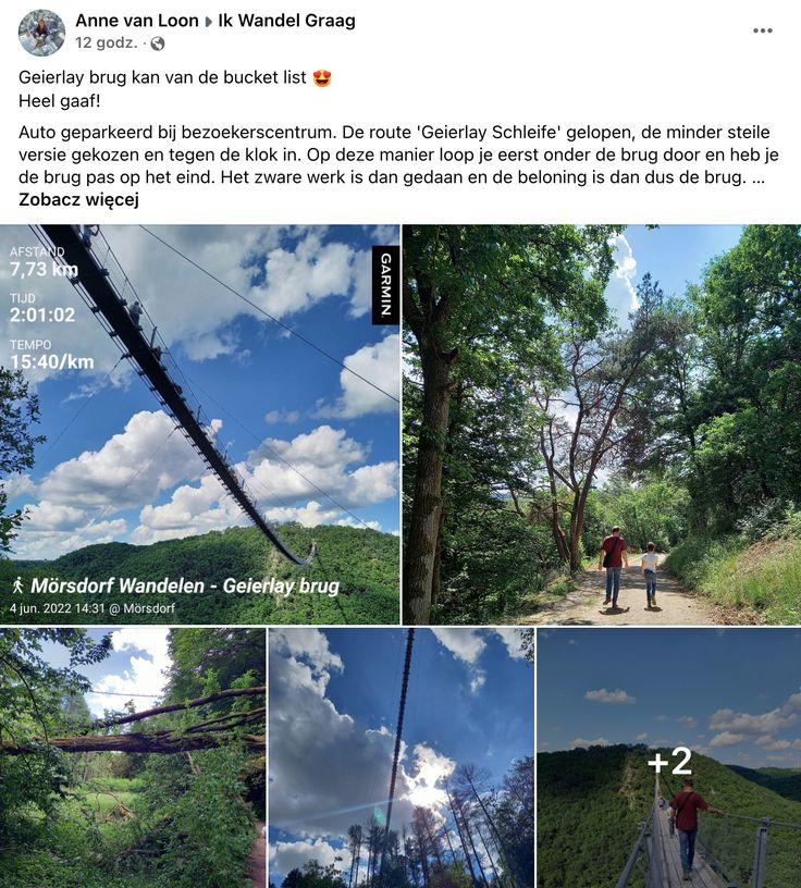 a series of photos showing people walking on a wooden bridge in the woods and trees