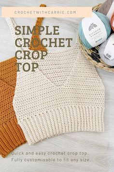 the simple crochet crop top is next to some yarns and knitting needles