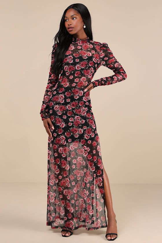 The Lulus Lovely Silhouette Black Floral Sheer Mesh Cutout Maxi Dress knows how to catch everyone's eye the moment it enters a room! A classic floral print sweeps across stretchy mesh knit as it shapes a sheer bodice with long ruched sleeves, a mock neckline, and a band of lining at the front that gives a bandeau-like effect. Turn around to reveal a flirty back cutout that secures with top button closures and finishes at the fitted waist. Figure-flaunting column skirt falls to a sheer, maxi hem Sheer Mesh Dress, Column Skirt, Cutout Maxi Dress, Overlay Dress, Mock Neckline, Fall Skirts, Mesh Dress, Large Size Dresses, Black Floral