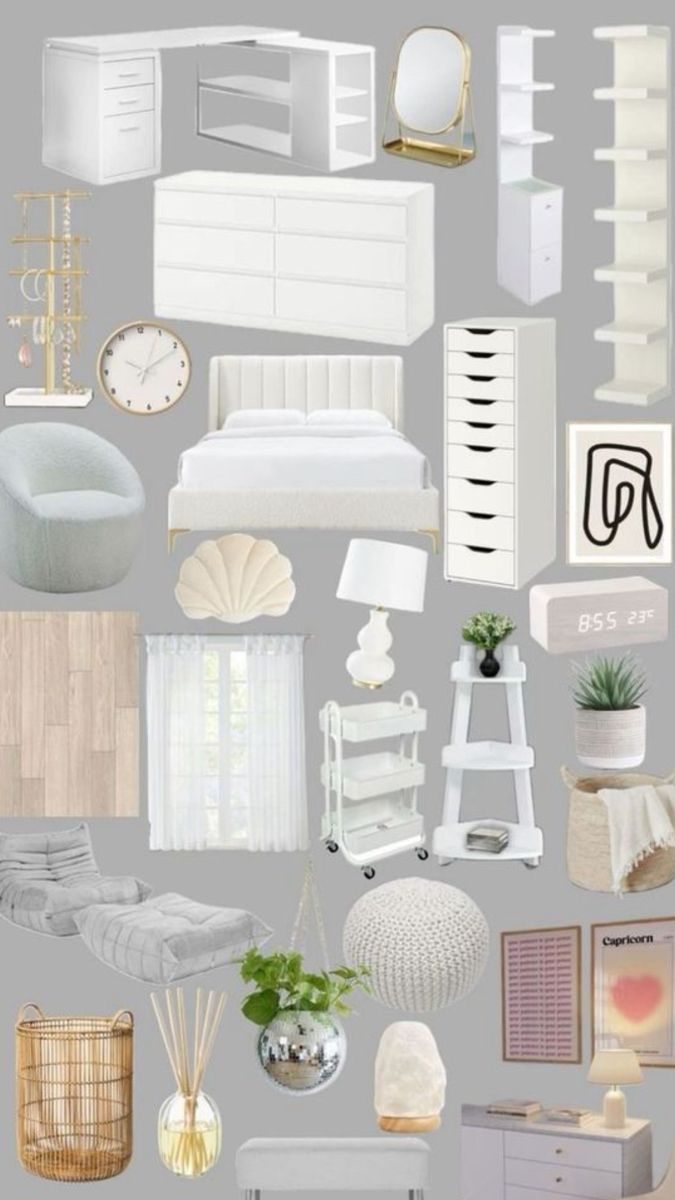 a collage of white furniture and decor in shades of gray, gold, and white