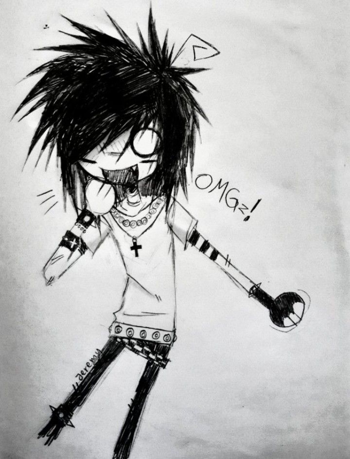 a drawing of a cartoon character with black hair and piercings, holding a knife