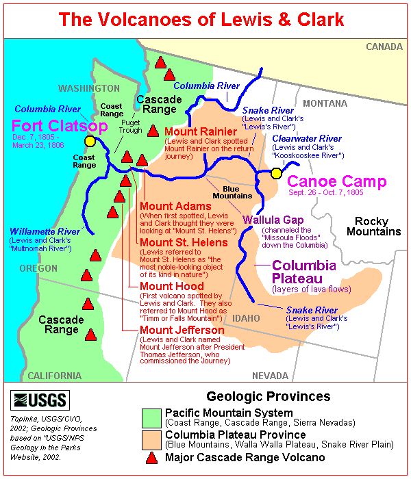 the volcanos of lewis & clark are located on this map, and it's location is marked in red