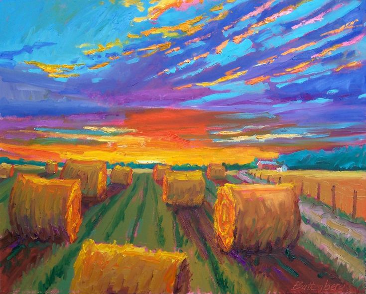 a painting of hay bales at sunset