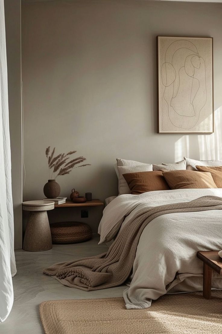 a bedroom with neutral colors and white walls