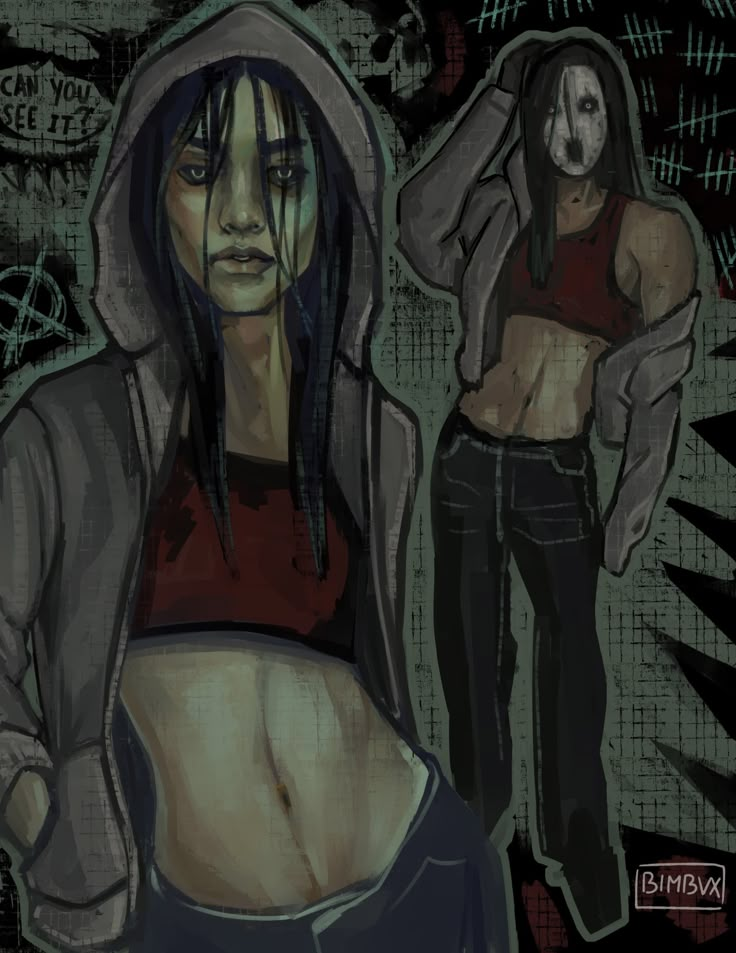 a drawing of a woman with dreadlocks standing in front of another woman wearing a hoodie