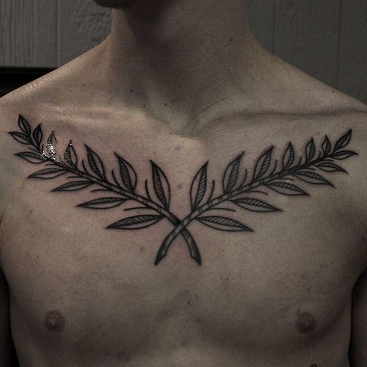 a man's chest with an olive branch tattoo on it