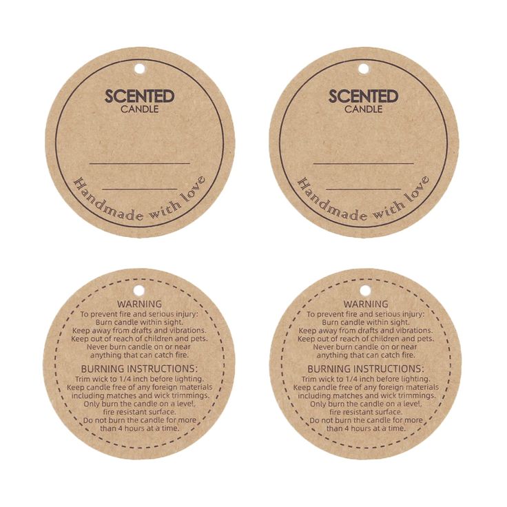 three round tags with the words scented candle and warning instructions on each one, set against a white background