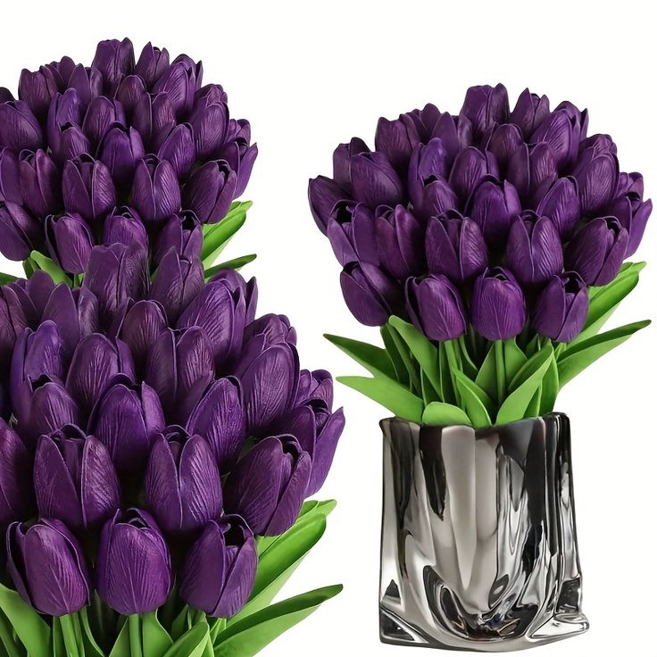 two vases filled with purple tulips sitting next to each other