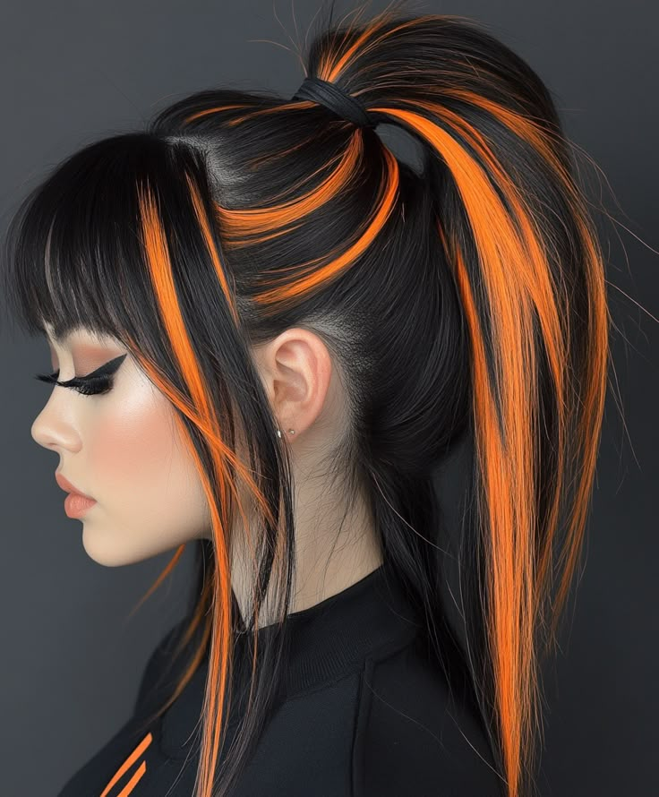 Hair Roulette: Spin for Fall Hair  🎡 Ombré Colored Hair, Dyed Hair Inspiration Unique, Colored Fringe Hair, Black And Orange Highlights, Alt Hair Colors Ideas, Black Hair With Highlights Color, Creative Color Placement Hair, Black Hair With Pops Of Color, Cheap Hair Color Ideas