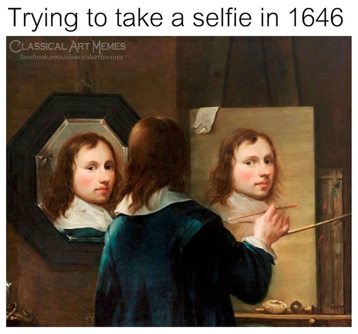 two people in front of a mirror with the caption taking a selfie 17th century edition