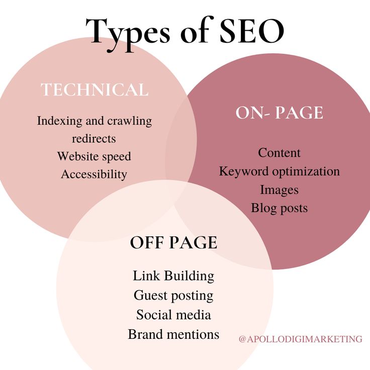 three circles with the words types of seo and technical on page, including keyword optimi