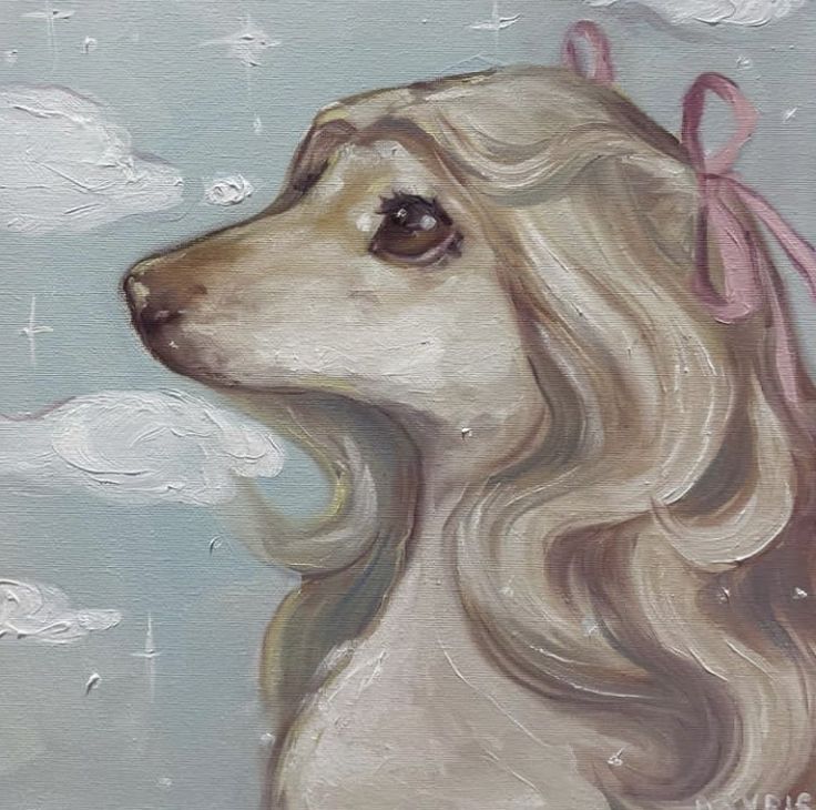 a painting of a dog with long hair and a pink bow on it's head