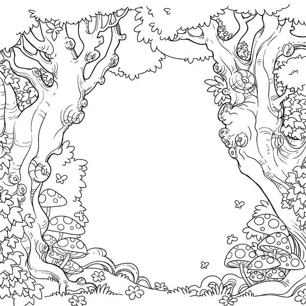 an image of a forest scene with trees and mushrooms in the woods coloring book page