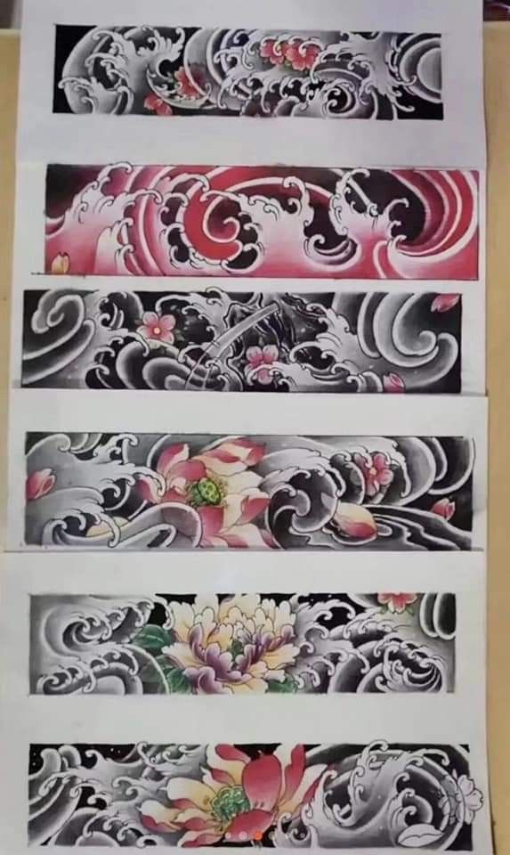 four different designs on the side of a piece of paper, each with flowers and swirls