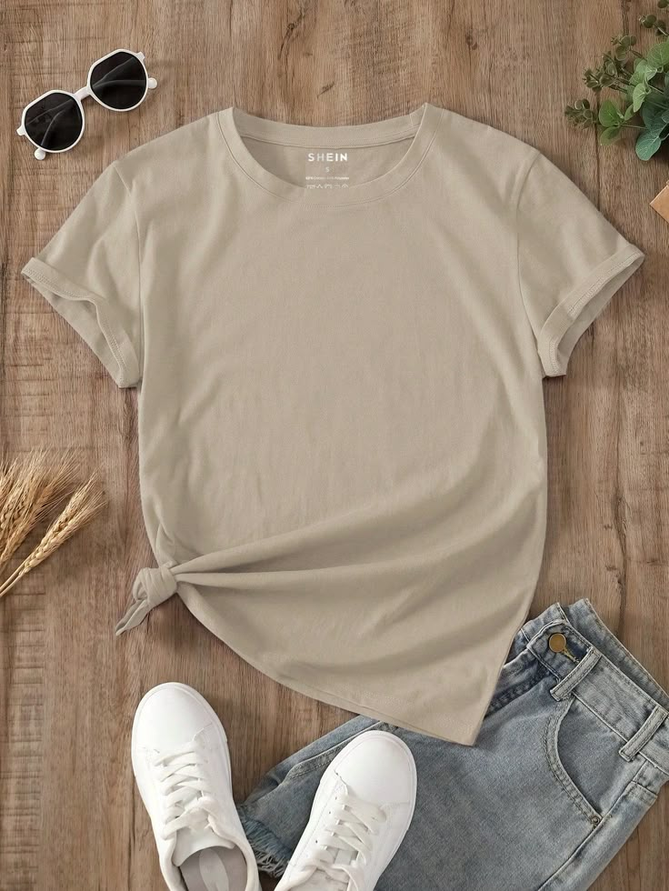 Khaki Casual Collar Short Sleeve Fabric Plain  Embellished Slight Stretch  Women Clothing Brown Tshirt Outfit, Plain Tee Shirts, Tee Shirt Outfit, Beige T Shirts, Beige Outfit, Latest T Shirt, Round Neck Tees, Coffee Shirts, Tshirt Outfits