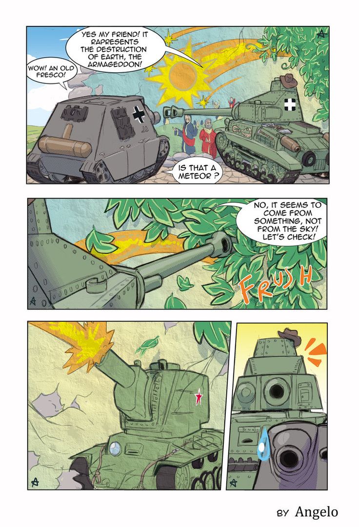 a comic strip with an army tank in the background