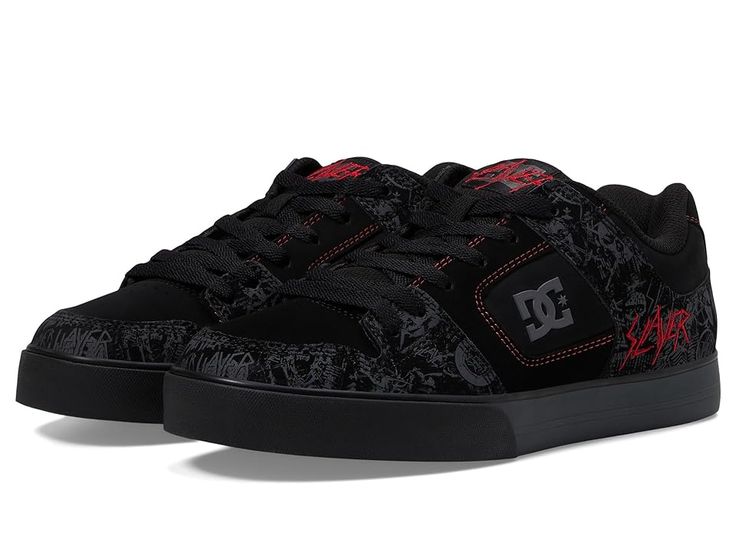 DC DC X Slayer Sneaker Collection - Men's Shoes : (Pure) Black/Grey/Red : The ultra-modern DC DC X Slayer Sneaker Collection Shoes are sure to keep you updated with the trend and give your casual appearance a touch of style. These are crafted with a leather upper, canvas lining, removable foam footbed, all ensuring premium comfort and durability. The shoes feature a round toe shape and a specialty print DC x Slayer artwork and logo application on the upper. Slip-on style. Rubbed midsole and outs Red And Black Shoes High Heels, Dc Skate Shoes Outfit, Dc Graffik Shoes, Y2k Emo Men, Red Dc Shoes, Things To Buy Boyfriend, Dcs Shoes, Black And Red Quince, Dc Shoes Aesthetic