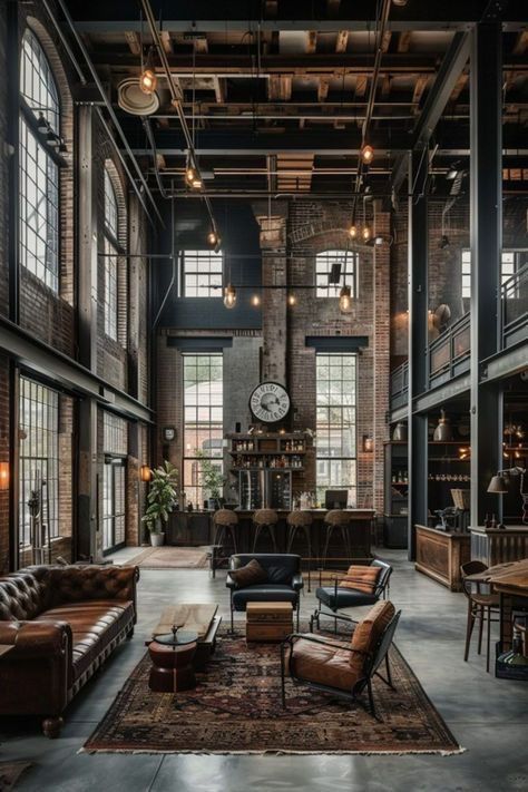 an industrial living room with lots of windows and leather couches in front of a large clock on the wall