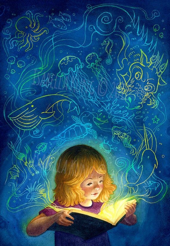 a painting of a girl reading a book in front of a blue background with swirls